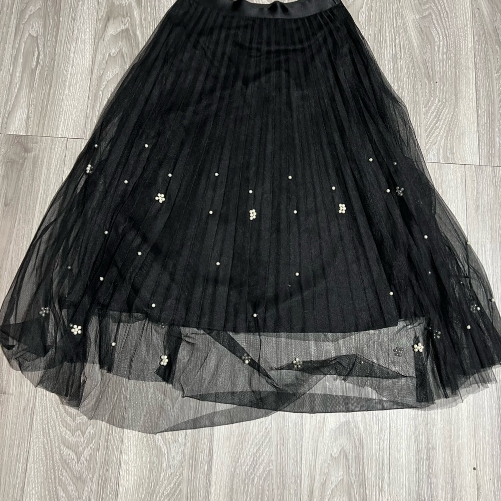 Eva Franco Black Pleated Tulle Midi Skirt Pearl Embellished XS